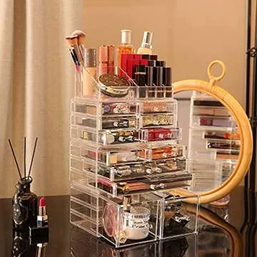 Cq acrylic 4 Pack Clear Makeup Organizer Countertop,Stackable 12 Drawers Skincare Organizer,Cute Skin Care Organizer for Vanity Hair Clip,Jewelry,Beauty Product Desk and Make Up Organizers for Vanity