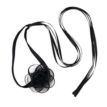iuviwey Black Choker Camellia Flower Lace-up Necklace For Women (BLACK)