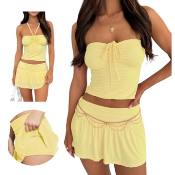 Two Piece Sets for Women Going Out Summer Y2K Tie Ruched Tube Crop Tops Low Rise Pleated Mini Skort ...