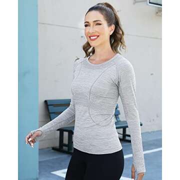 AhTwiy Women Long Sleeve Workout Shirts Yoga Gym Tops Breathable Athletic Running Shirt Slim Fit(LightGray, 4)