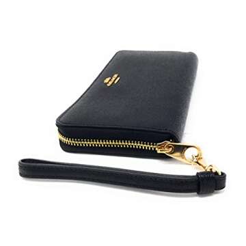 Coach Women's Long Zip Around Wallet (Crossgrain Leather, Gold - Black)
