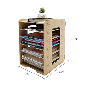 PUNCIA 7Tiers Lengthways Wood Office Paper Organizer for Desk Desktop File Holder Letter Tray Letter A4 Paper Sorter Document Book Magazine Mail Storage Rack Shelf Literature Organizer