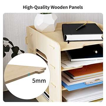 PUNCIA 7Tiers Lengthways Wood Office Paper Organizer for Desk Desktop File Holder Letter Tray Letter A4 Paper Sorter Document Book Magazine Mail Storage Rack Shelf Literature Organizer