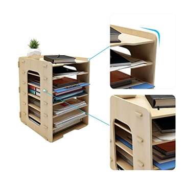 PUNCIA 7Tiers Lengthways Wood Office Paper Organizer for Desk Desktop File Holder Letter Tray Letter A4 Paper Sorter Document Book Magazine Mail Storage Rack Shelf Literature Organizer