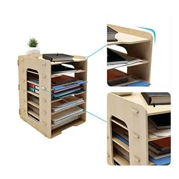 PUNCIA 7Tiers Lengthways Wood Office Paper Organizer for Desk Desktop File Holder Letter Tray Letter A4 Paper Sorter Document Book Magazine Mail Storage Rack Shelf Literature Organizer