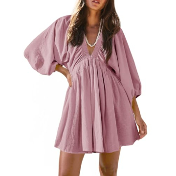 Fisoew Women's Long Sleeve Mini Dresses Deep V Neck Loose Swing Beach A Line Dress with Pockets Pink