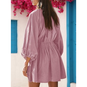 Fisoew Women's Deep V Neck Mini Dress with Pockets