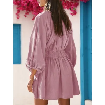 Fisoew Women's Deep V Neck Mini Dress with Pockets