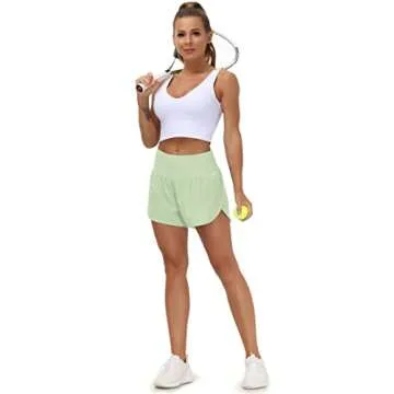 THE GYM PEOPLE Womens High Waisted Running Shorts Quick Dry Athletic Workout Shorts with Mesh Liner Zipper Pockets(Pale Green, Small)