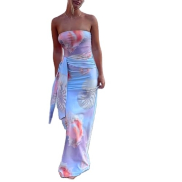 Women Floral Strapless Dress - Sexy Backless Maxi Dress for Summer Parties