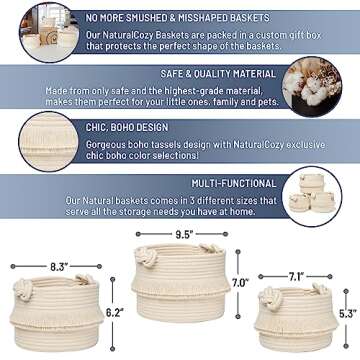 NaturalCozy 3-Piece Boho Decor Storage Basket Set – Cotton Rope Woven Baskets for Organizing! Smal...