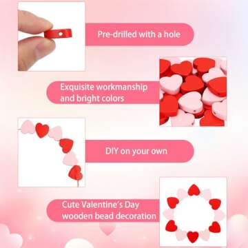 Lucleag 200 Pcs Valentine's Day Heart Wooden Beads, Red Pink Love Wood Beads DIY Crafts, Wooden Beads Ornament with Hemp Rope for Valentine's Day Wedding Mother's Day Decor Party Supplies