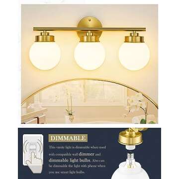 LMS Gold Bathroom Light Fixtures, 3 Light Globe Bathroom Vanity Lights with White Glass Shade, LMS-098