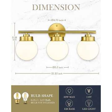 LMS Gold Bathroom Light Fixtures, 3 Light Globe Bathroom Vanity Lights with White Glass Shade, LMS-098