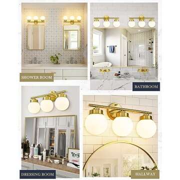 LMS Gold Bathroom Light Fixtures, 3 Light Globe Bathroom Vanity Lights with White Glass Shade, LMS-098