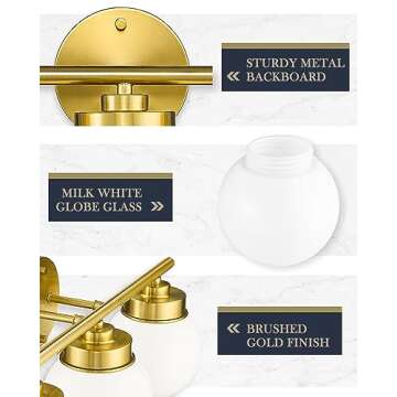 LMS Gold Bathroom Light Fixtures, 3 Light Globe Bathroom Vanity Lights with White Glass Shade, LMS-098
