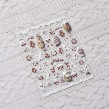 Christmas Nail Art Stickers 5D Realistic Relief White Nail Decals Snowflake Snowy House Cute Gingerb...