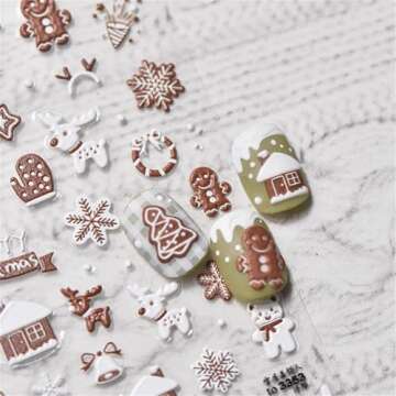 Christmas Nail Art Stickers 5D Realistic Relief White Nail Decals Snowflake Snowy House Cute Gingerbread Man Self Adhesive Nails Art Decoration Manicure Nail Charms 1Sheet