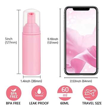 Koutoumor 10 PCS Refillable Travel Bottles, 2oz/60 ml Plastic Soap Foam Bottle, Empty Foaming Pump Dispenser, Dispensers for Hand Soap, Lash Cleanser, Shampoo (10 pcs, Pink)
