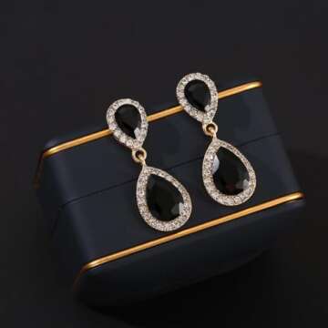 Black Vintage Rhinestone Teardrop Dangle Earrings for Weddings and More