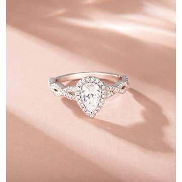 TIGRADE 1.5CT Engagement Ring for Women Teardrop Cubic Zirconia Wedding Band Halo Twisted Pear CZ Pr...