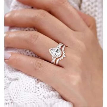 TIGRADE 1.5CT Engagement Ring for Women Teardrop Cubic Zirconia Wedding Band Halo Twisted Pear CZ Promise Anniversary Ring Size 3-12, Silver, Size 7