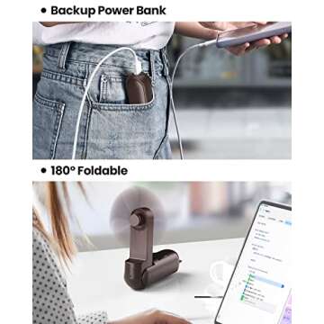 Gaiatop Portable Handheld Fan, Mini Rechargeable Folding Fans with Power Bank USB Battery Operated, Small Pocket Design for Eyelash Girls Women Travel Outdoor Brown