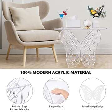 HMYHUM Acrylic Small Coffee Table, 23.5" D x 23.5" W x 14.2" H, Round Modern Living Room Table, Butterfly Shaped Base, Easy Assembly, Clear