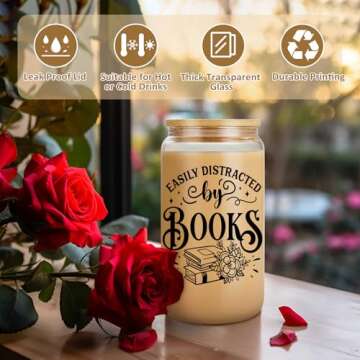 Coolife 16 oz Book Lovers Coffee Glass Cups w/Lids Straws, Bookish Gifts for Women, Bookworm Gifts f...