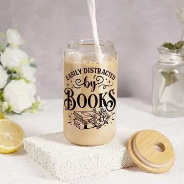 Coolife Book Lovers 16 oz Coffee Glass Cup with Lid