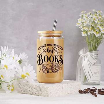 Coolife 16 oz Book Lovers Coffee Glass Cups w/Lids Straws, Bookish Gifts for Women, Bookworm Gifts for Book Lovers Club, Librarian Stuff - Readers Accessories, Valentines Reading Presents Ideas