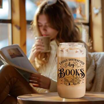 Coolife 16 oz Book Lovers Coffee Glass Cups w/Lids Straws, Bookish Gifts for Women, Bookworm Gifts for Book Lovers Club, Librarian Stuff - Readers Accessories, Valentines Reading Presents Ideas