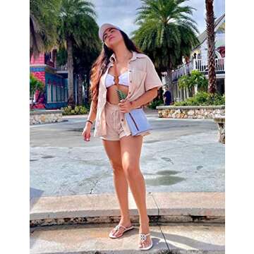 APAFES Women Summer Cotton Linen Short Sets 2 Piece Shorts Top Lounge Beach Vacation Two Piece Outfits Tracksuits