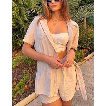 APAFES Women Summer Cotton Linen Short Sets 2 Piece Shorts Top Lounge Beach Vacation Two Piece Outfits Tracksuits