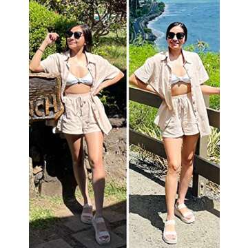APAFES Women Summer Cotton Linen Short Sets 2 Piece Shorts Top Lounge Beach Vacation Two Piece Outfits Tracksuits