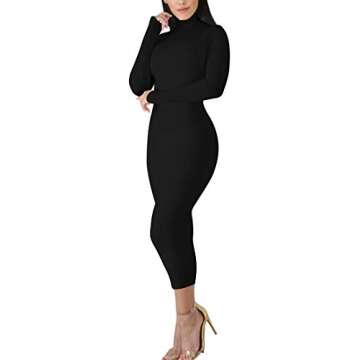 BORIFLORS Women's Sexy Basic Long Sleeve Turtleneck Bodycon Party Long Pencil Dress,Medium,Black