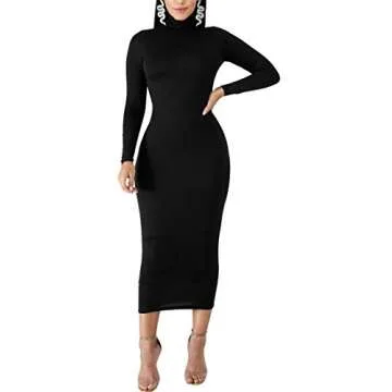 BORIFLORS Women's Sexy Basic Long Sleeve Turtleneck Bodycon Party Long Pencil Dress,Medium,Black