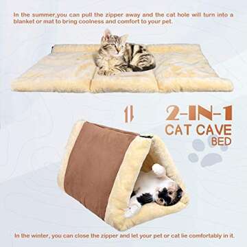 XAVENGAR 2-in-1 Cat Bed Pet Cave Bed Kitty Snooze Tunnel Pet Supplies Self Warming Cat Thermal Bed Pet Palace Pet Mat Cushion for Cats Dogs Kitty and Kittens for Travel or Home