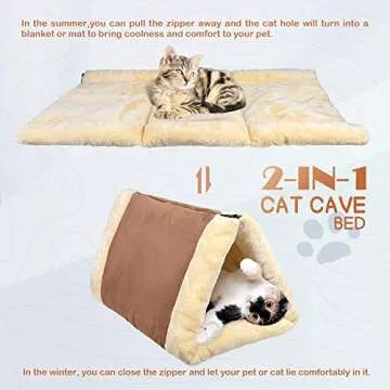 XAVENGAR 2-in-1 Cat Bed Pet Cave Bed Kitty Snooze Tunnel Pet Supplies Self Warming Cat Thermal Bed Pet Palace Pet Mat Cushion for Cats Dogs Kitty and Kittens for Travel or Home