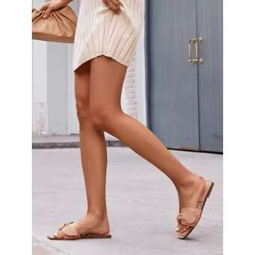 LAICIGO Women's Square Open Toe Slide Sandals Bowknot Slip-on Backless Faux Suede Summer Flats Sandals