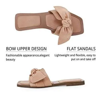LAICIGO Women's Square Open Toe Slide Sandals Bowknot Slip-on Backless Faux Suede Summer Flats Sandals