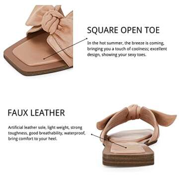 LAICIGO Women's Square Open Toe Slide Sandals Bowknot Slip-on Backless Faux Suede Summer Flats Sandals