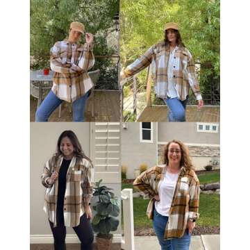 IN'VOLAND Women's Plus Size Flannel Plaid Shacket Casual Button Down Long Sleeve Flannel Shirts Lapel Fall Brown Jacket 22W