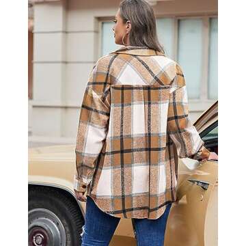 IN'VOLAND Women's Plus Size Flannel Plaid Shacket Casual Button Down Long Sleeve Flannel Shirts Lapel Fall Brown Jacket 22W