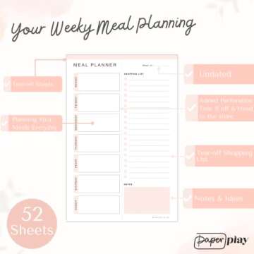 Magnetic Meal Planning Pad for Fridge 52 Undated Tear-off Sheets | 6x9 Inch Meal Planning Notepad | Notebook for Meal Planner and Grocery List with Magnet | Weekly Meal Planner for kitchen with Tear