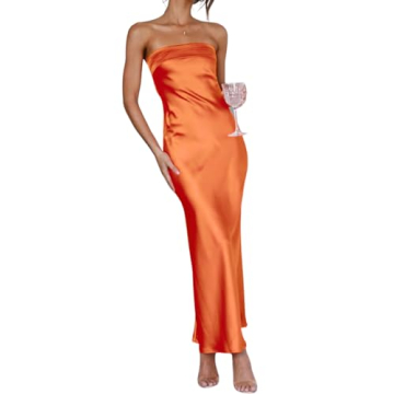 CHARTOU Women Sexy Strapless Satin Maxi Dress Prom Gown Party Cocktail Hollow Out Long Silk Dress Bo...