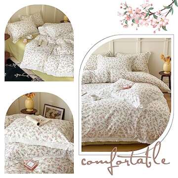 VM VOUGEMARKET Ruffle Duvet Cover Twin 100% Cotton Teen Girls Pink Dainty Flower Duvet Cover with Zi...