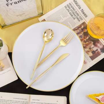 I00000 30 Guests Gold Plastic Plates with Disposable Silverware,Gold Disposable Dinnerware Set Include 30 Dinner Plates,30 Dessert Plates,90 Gold Cutlery for Wedding Party and Valentine's Day