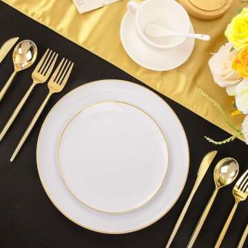 I00000 30 Guests Gold Plastic Plates with Disposable Silverware,Gold Disposable Dinnerware Set Include 30 Dinner Plates,30 Dessert Plates,90 Gold Cutlery for Wedding Party and Valentine's Day