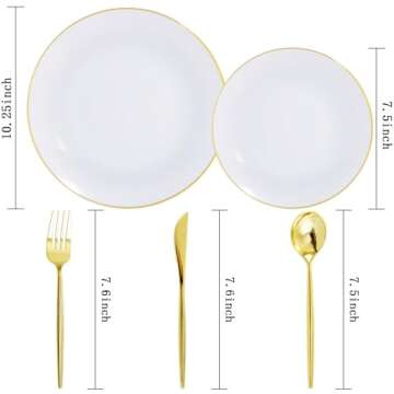 I00000 30 Guests Gold Plastic Plates with Disposable Silverware,Gold Disposable Dinnerware Set Include 30 Dinner Plates,30 Dessert Plates,90 Gold Cutlery for Wedding Party and Valentine's Day